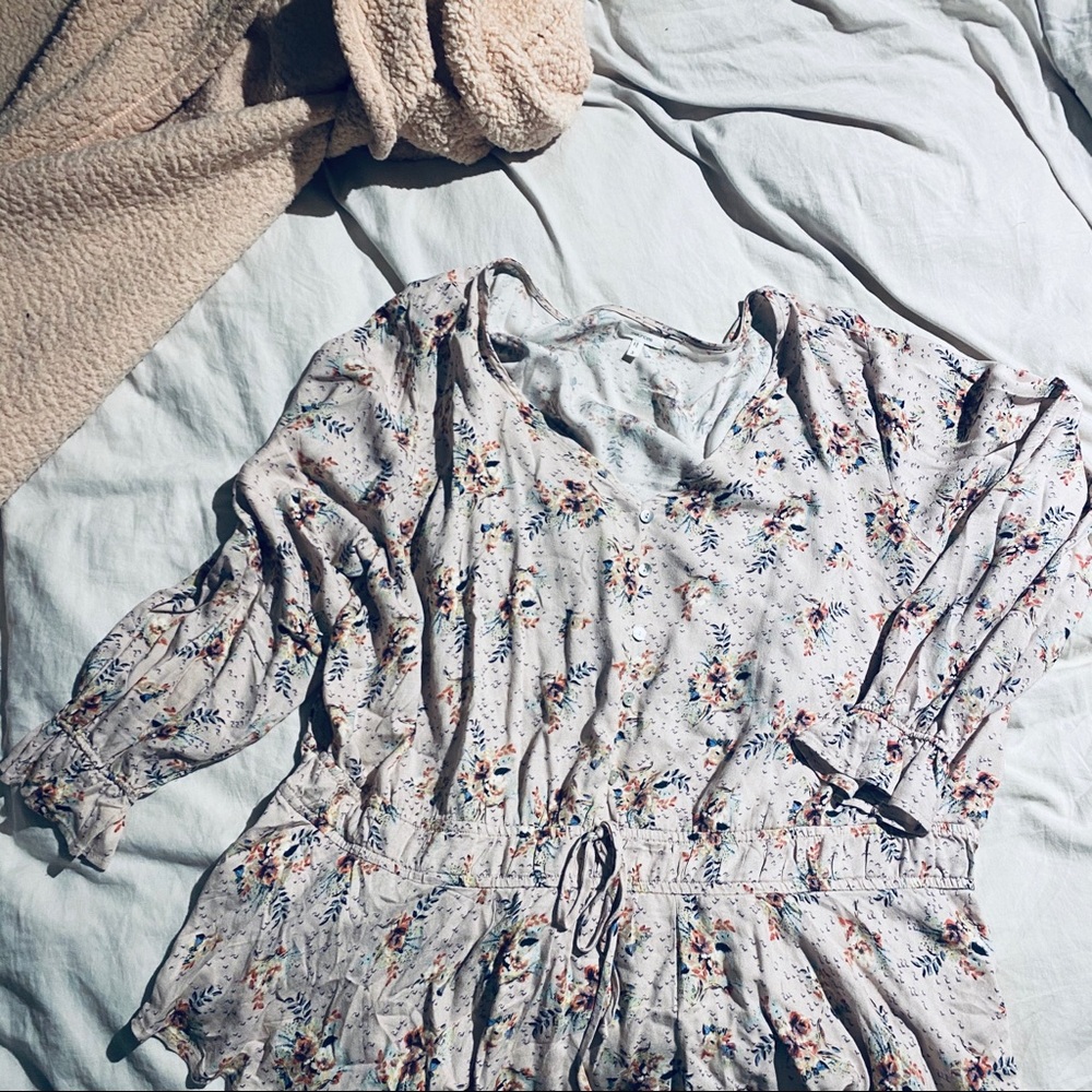 Pink long sleeve floral blouse with tapered waist